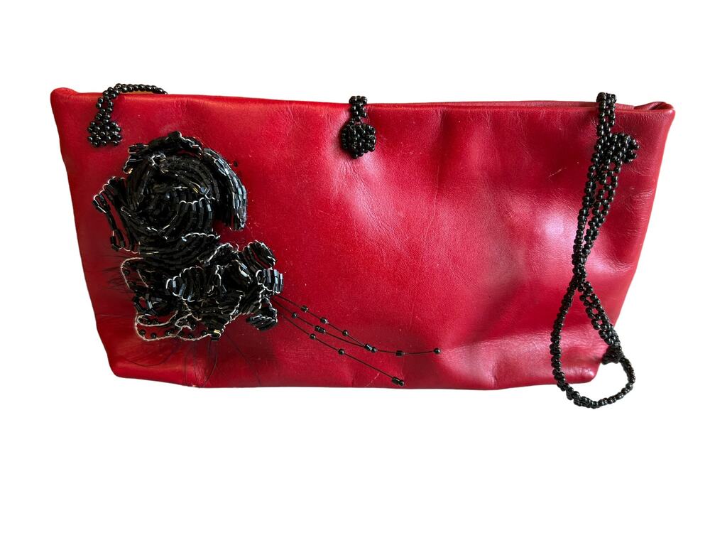 Chicos Red Leather Evening Bag Feather Detail